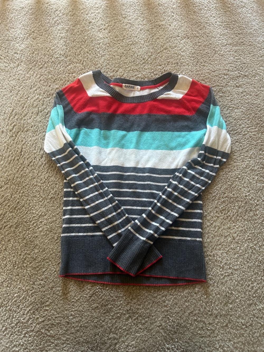 Garage Red and Gray Striped Crewneck Sweater